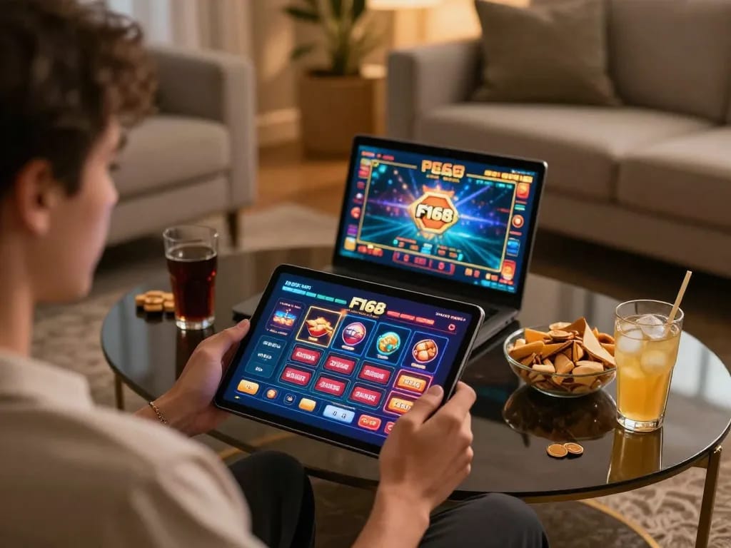 Engaging with the F168 casino app in a cozy home gaming setup.