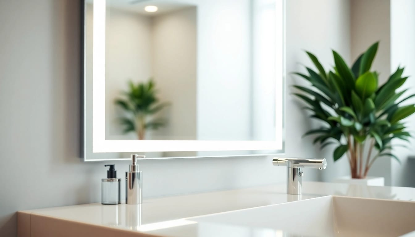 Showcase of a mirror and led lights in a chic bathroom setting, highlighting modern decor.