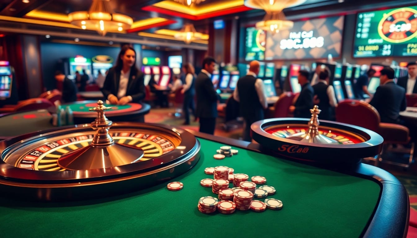 Engaging scene with gamblers at the Nhà Cái SC88 casino, showcasing poker chips and a glowing roulette wheel.
