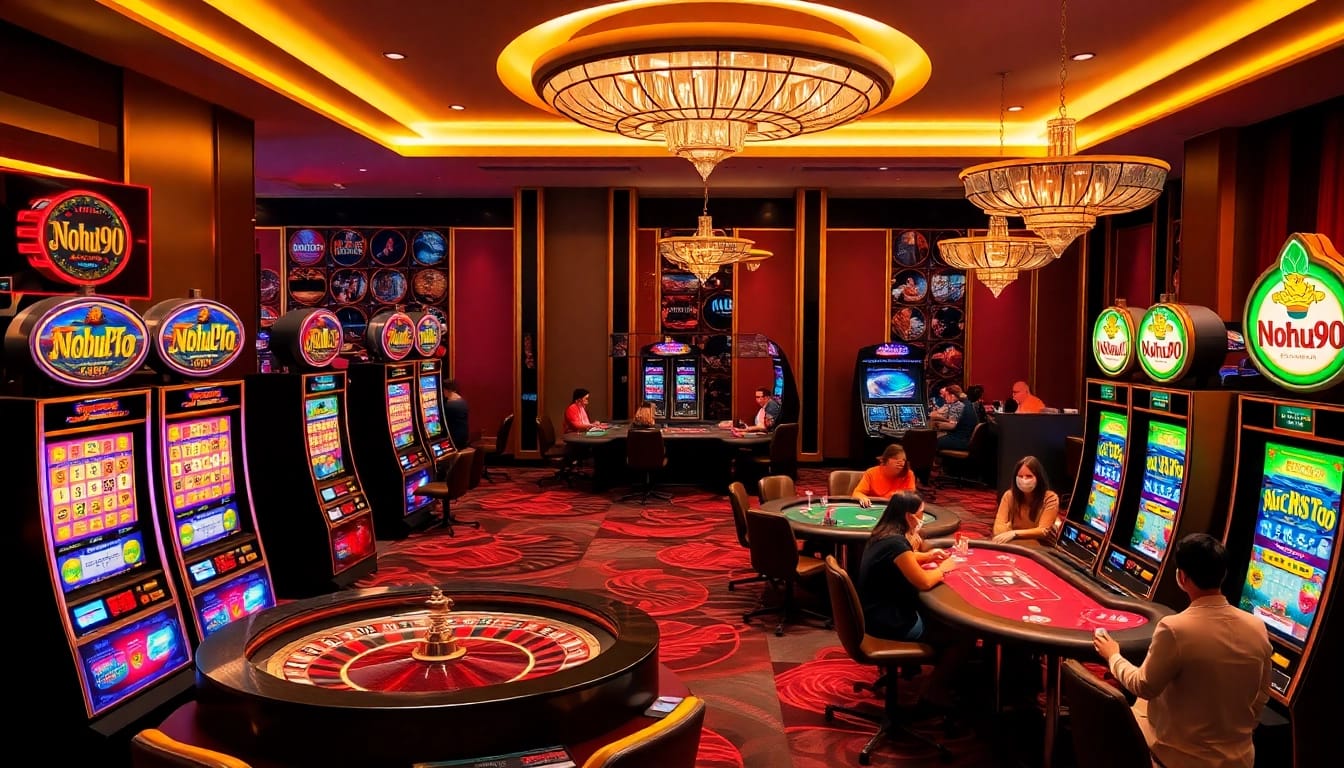Players spinning the exciting slot machines at Nohu90, surrounded by luxury casino elements.