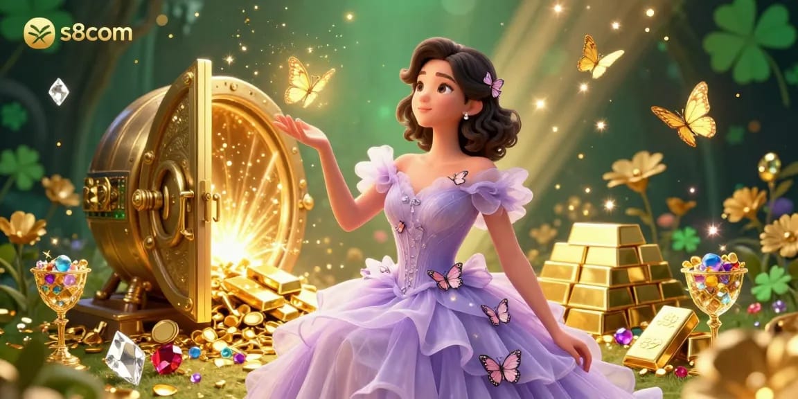 Experience the excitement of s8com with a captivating casino illustration featuring golden treasures and magical elements.