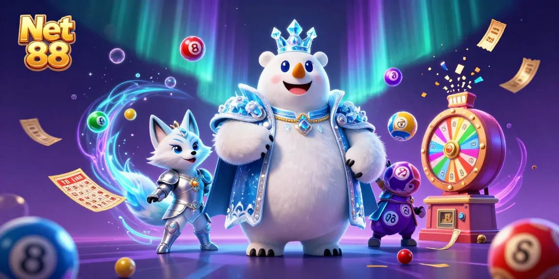 Net 88 gaming action features colorful lottery elements with polar bear and fox characters.