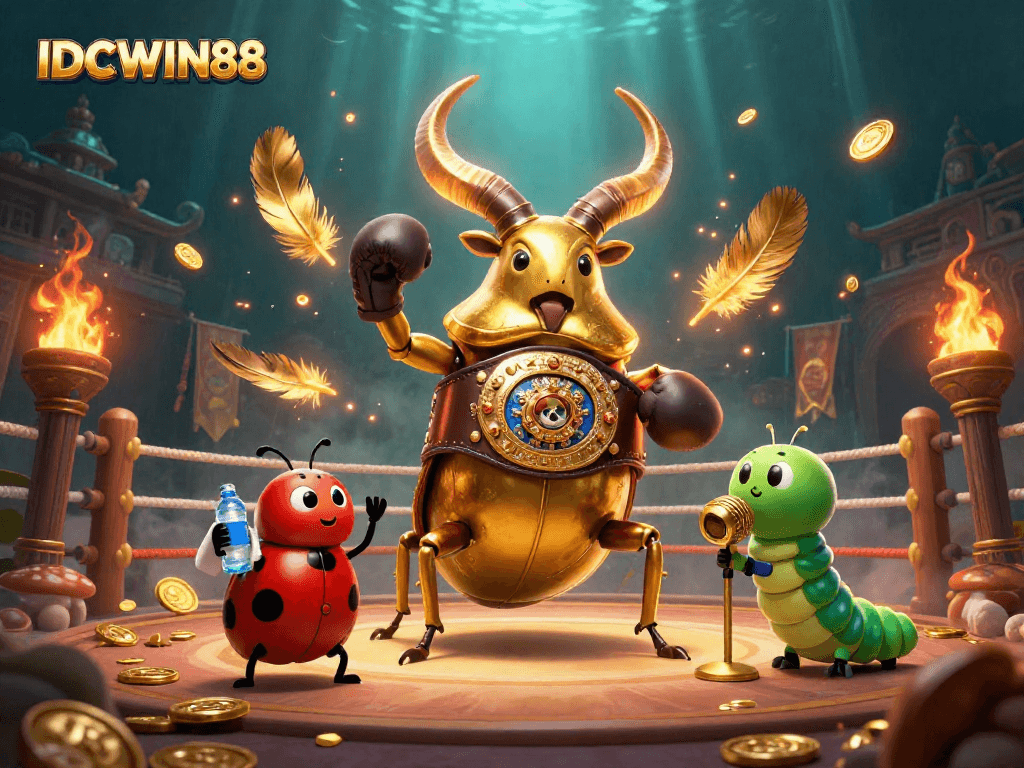 Engage with IDCWIN88's dynamic gambling scene featuring a giant golden stag beetle and betting elements