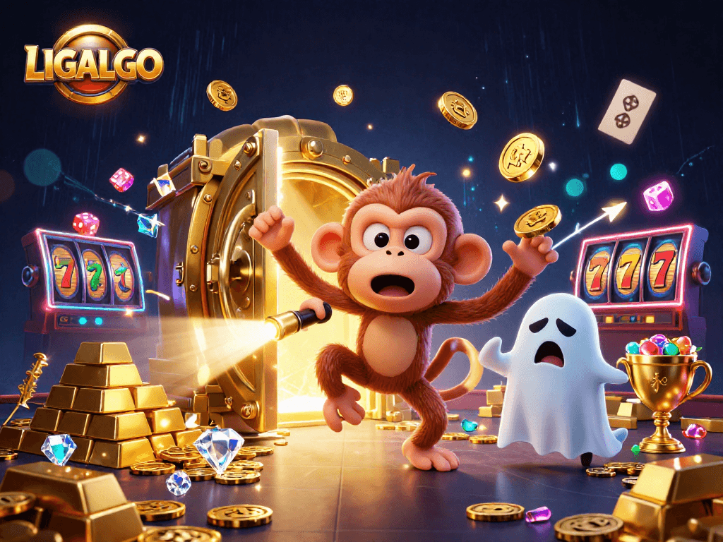 LIGALGO showcases a dynamic gambling scene with a poltergeist monkey juggling gold items and a curious ghost-hunter puppy.