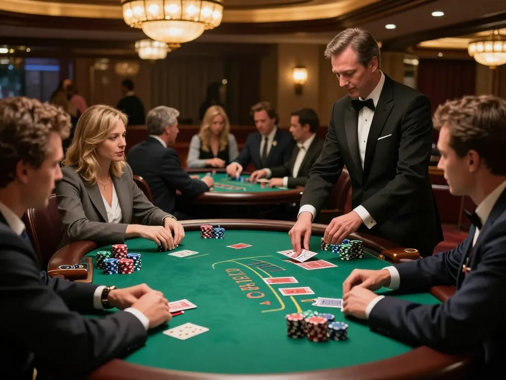 VA88 players engaged at blackjack table, dynamic atmosphere in luxurious casino with dealer and chips.