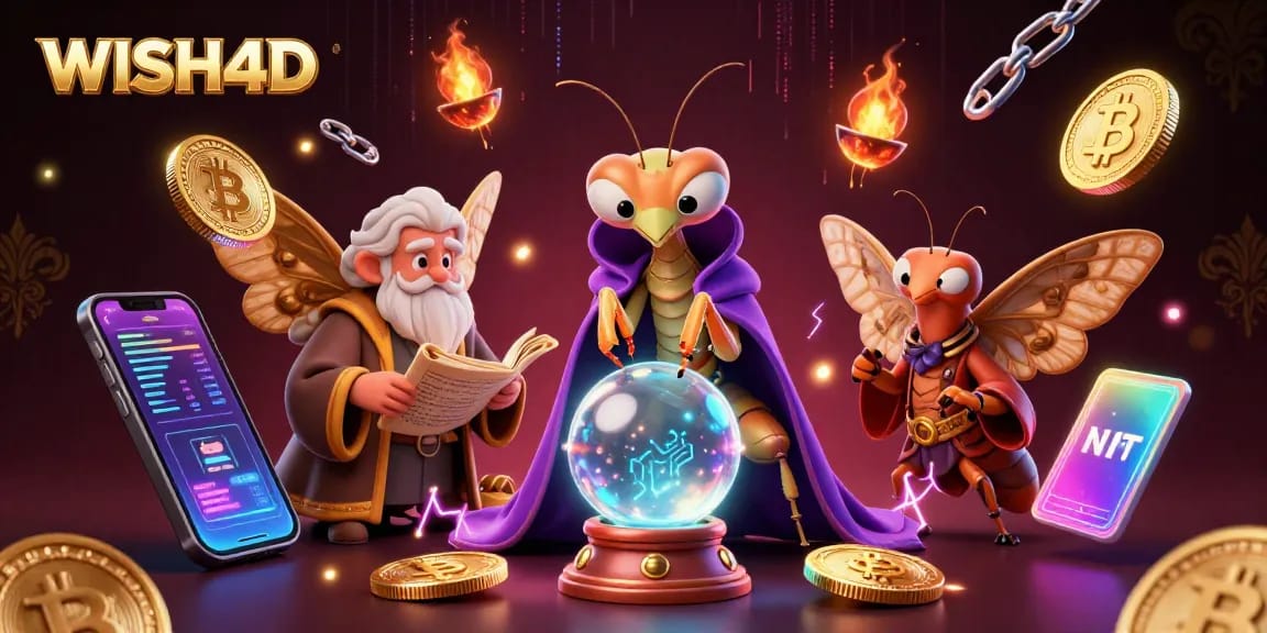 Experience the excitement of WISH4D cryptocurrency gaming with a vibrant 3D illustration.