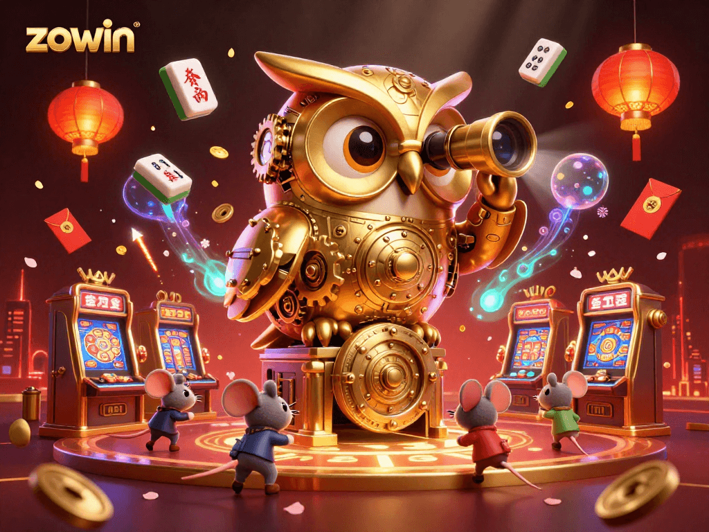 Zowin invites players to explore a vibrant casino scene featuring a golden owl and lively mouse patrons.