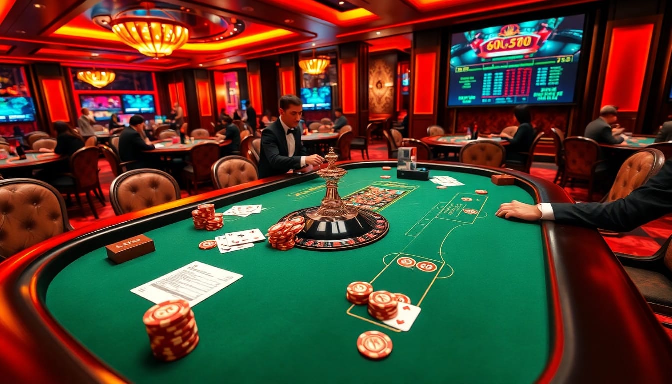 Engaging gameplay at SV388 đá gà table with poker chips and a roulette wheel.