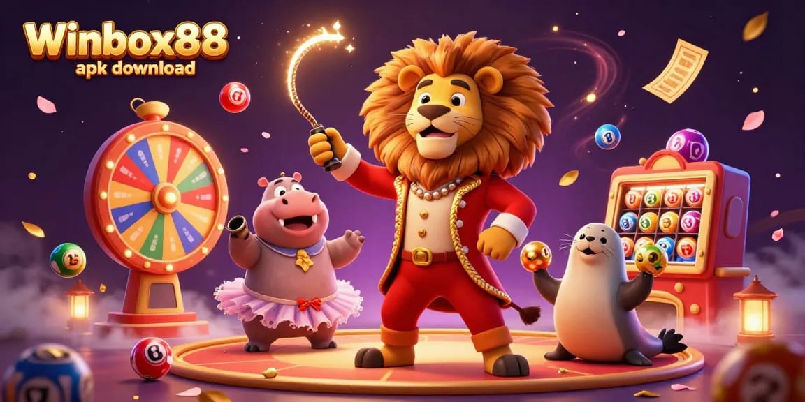 Winbox88 apk download for easier mobile gaming access with vibrant lottery elements and 3D characters.