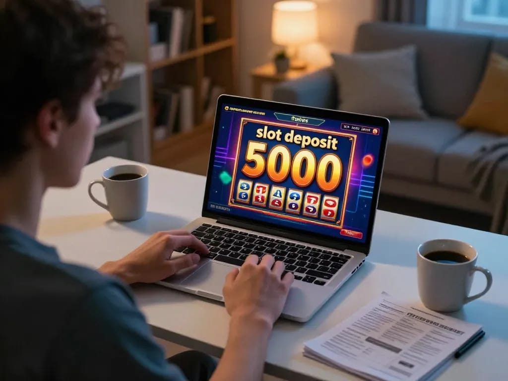 Engaging player enjoying a slot deposit 5000 game on laptop with coffee and notes.