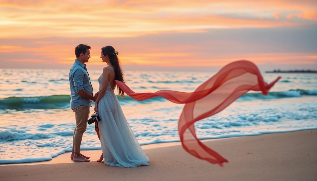 Destination photographer captures a couple's love at sunset on a beautiful beach.