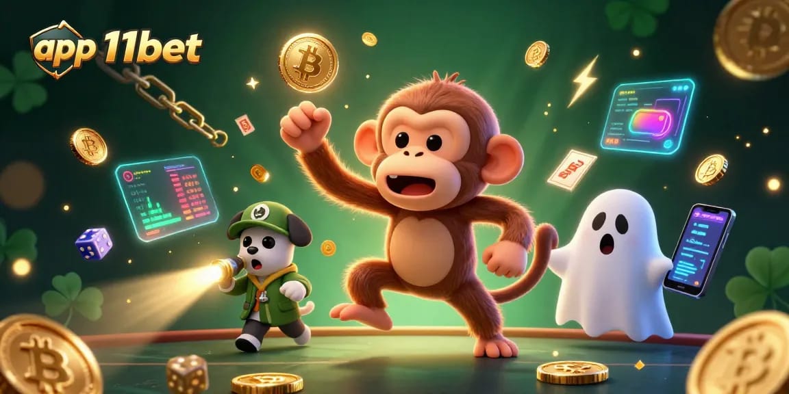 Engage with the app 11bet in a thrilling casino setting featuring playful characters.