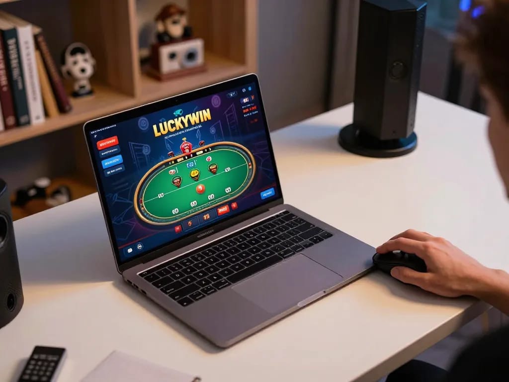 Engaged user playing on LuckyWin with laptop at a cozy gaming setup