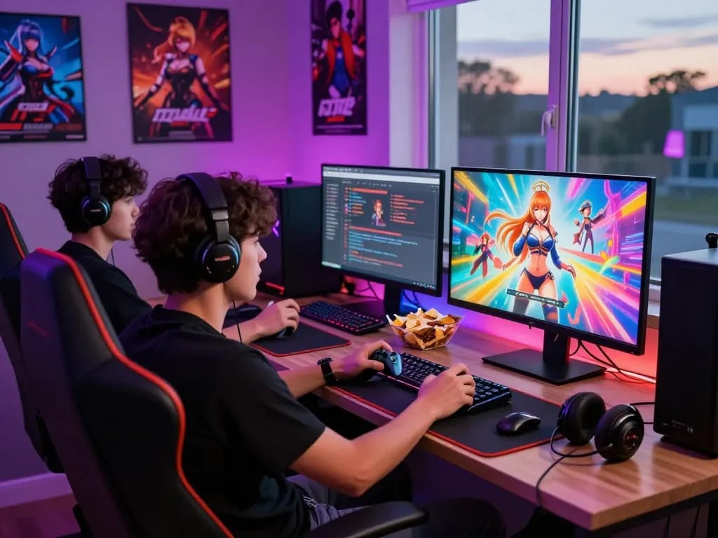 Two gamers enjoying a hentai game in a vibrant gaming room with colorful lights and snacks.