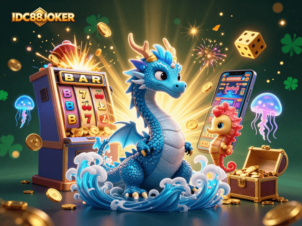IDC88JOKER inspires gameplay with a vibrant underwater scene featuring a dragon, seahorse, and jackpot elements.