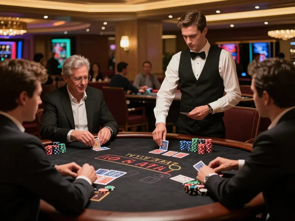 Engaged players at a blackjack table enjoying j88 as the dealer manages their bets