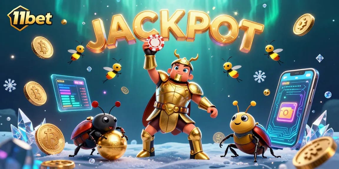 Experience the excitement of winning with 11bet in this vibrant casino scene featuring cartoon characters and glowing elements.
