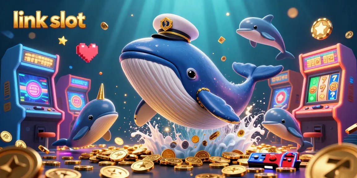 Unlock the excitement with link slot in a vibrant 3D casino scene featuring playful characters and slot elements.