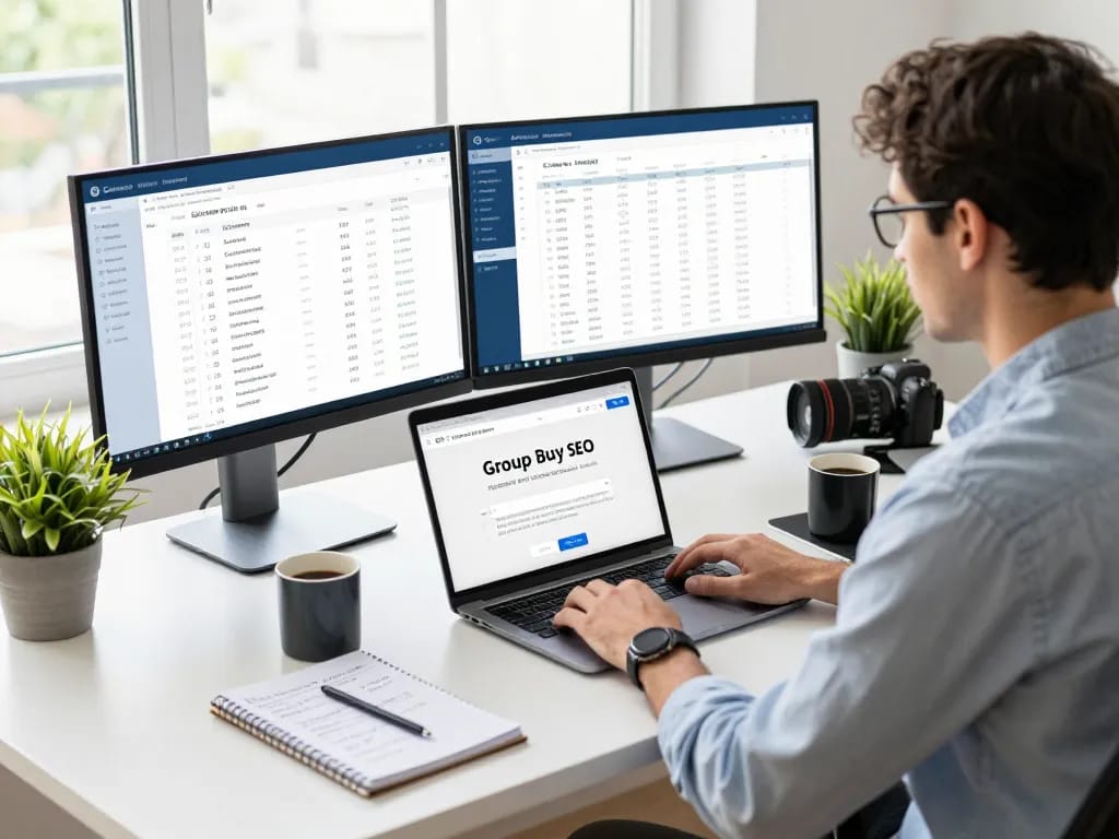 SEO expert analyzing group buy SEO tools in a modern workspace.