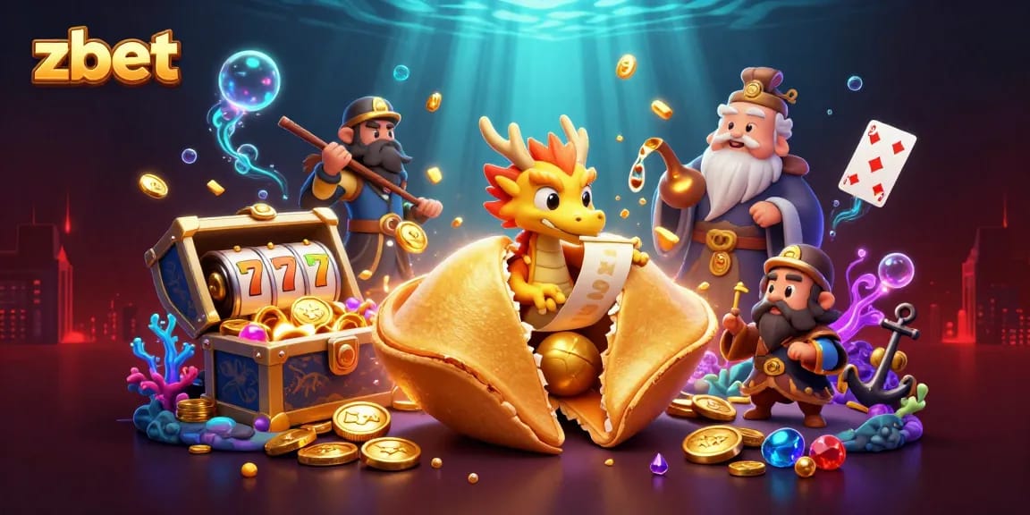 Engage with zbet in a vibrant 3D casino scene featuring a golden fortune cookie and dynamic gaming elements.