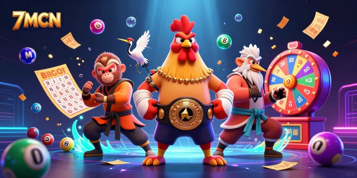 Engaging scene of 7MCN featuring a Muay Thai rooster, Shaolin monkey, and wise crane amidst vibrant lottery elements.