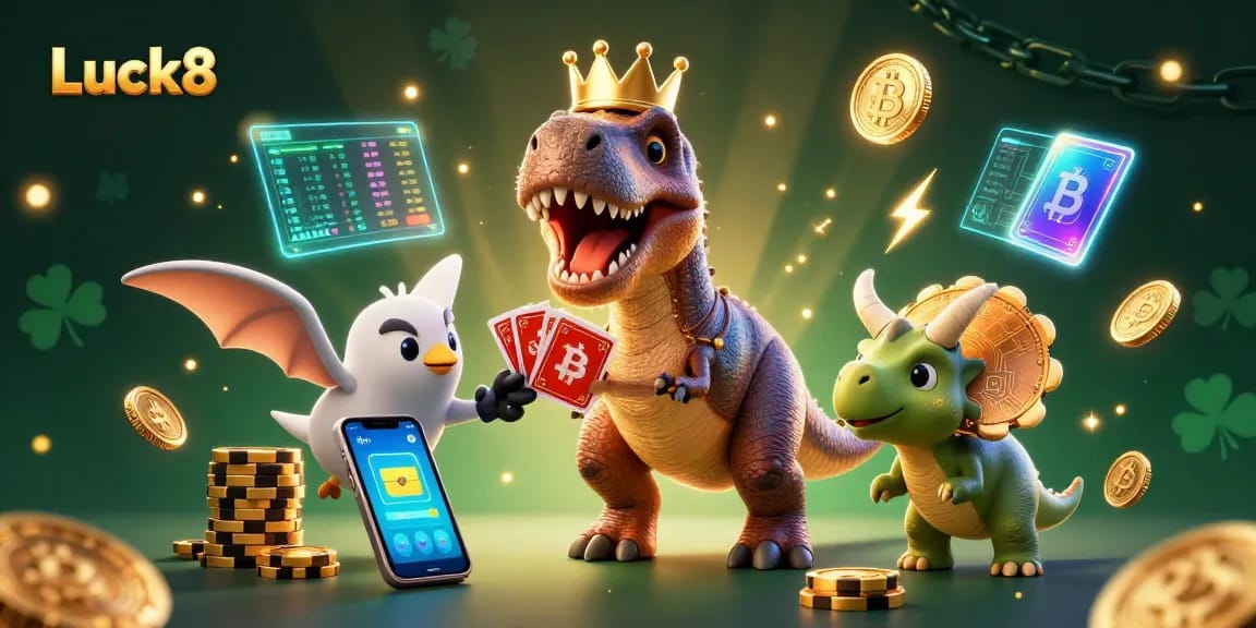 Experience the fun of Luck8 with a delightful 3D scene involving playful dinosaurs and cryptocurrency elements.