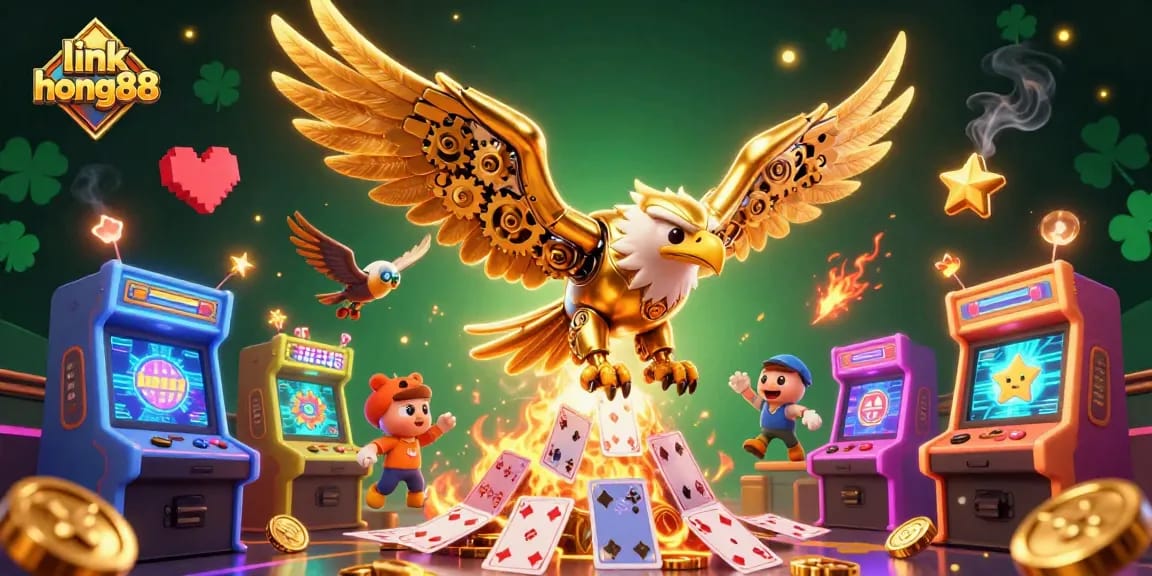 Experience thrilling gameplay with link hong88 featuring a dynamic cybernetic eagle among vibrant casino elements.