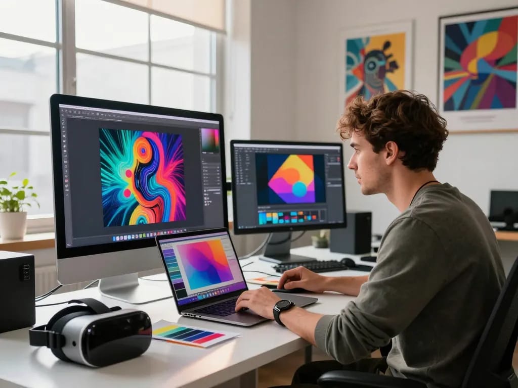 Artist creating dynamic AI porn graphics in a vibrant digital studio environment, surrounded by cutting-edge technology.