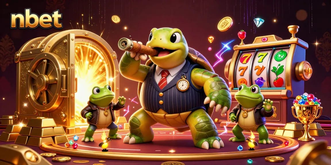 Experience nbet with a lively 3D casino scene featuring a mobster turtle and explosive slot reels.
