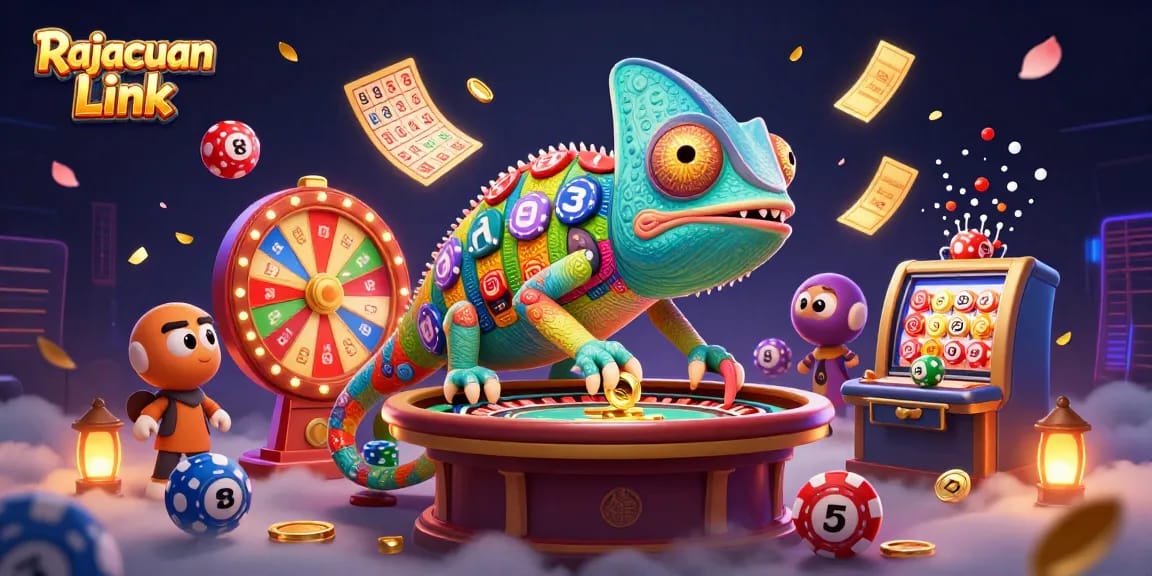 Permainan slot gila dari Rajacuan Link dengan chameleon kasino dan elemen keberuntungan yang menarik.