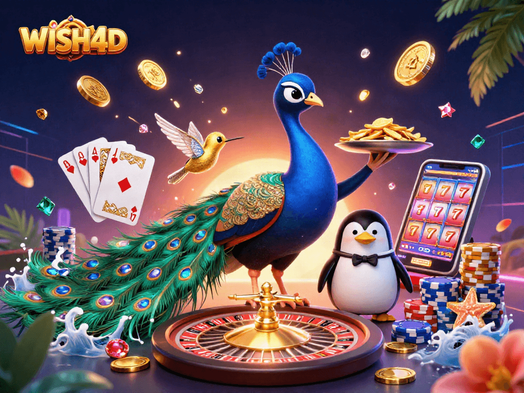 Engage with WISH4D in a vibrant casino scene featuring a peacock, penguin, and hummingbird surrounded by sparkling gems and golden coins.