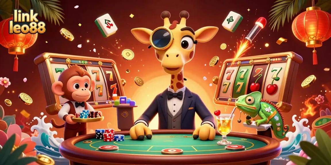 Experience the excitement of link leo88 with a vibrant casino scene featuring a giraffe, monkey, and chameleon.