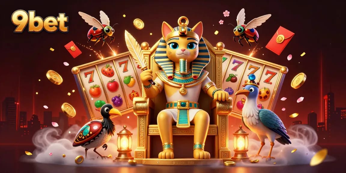 Engage with 9bet's exhilarating slot games featuring a pharaoh cat and vibrant symbols.