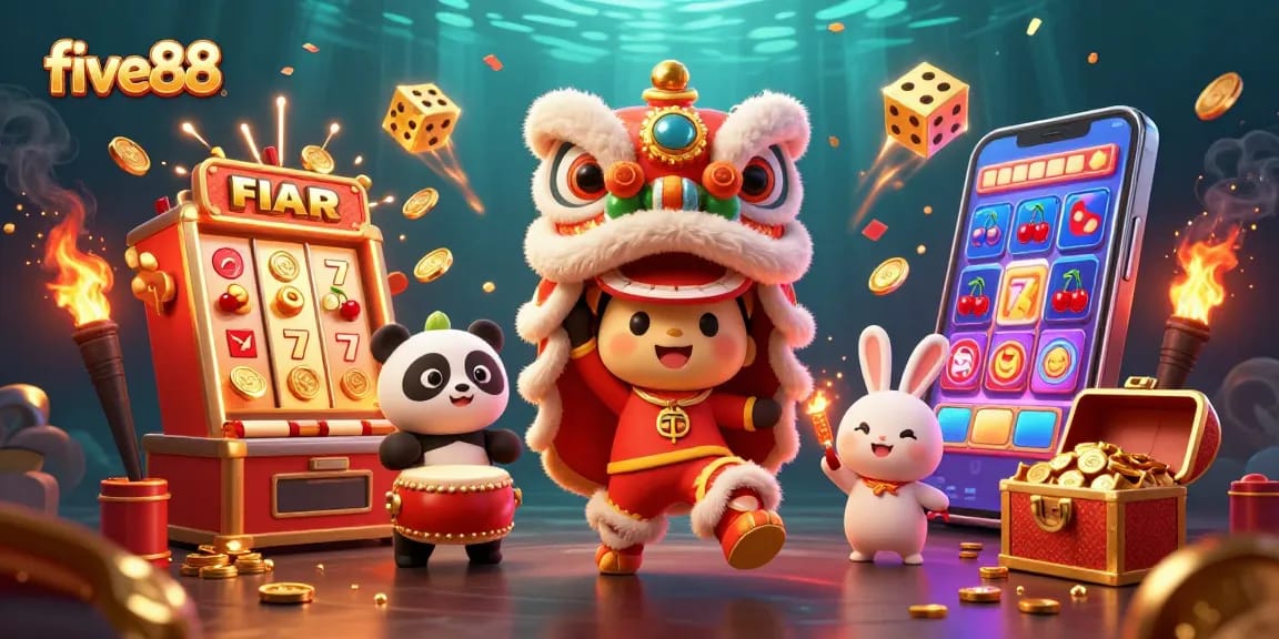 Experience the excitement of five88 with a vibrant lion dance and overflowing jackpots in this casino scene.