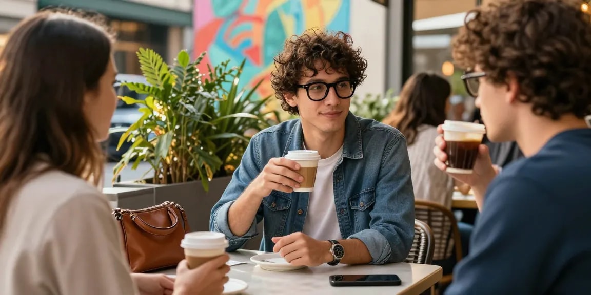 Person wearing óculos de grau enjoying coffee with friends in stylish urban café.