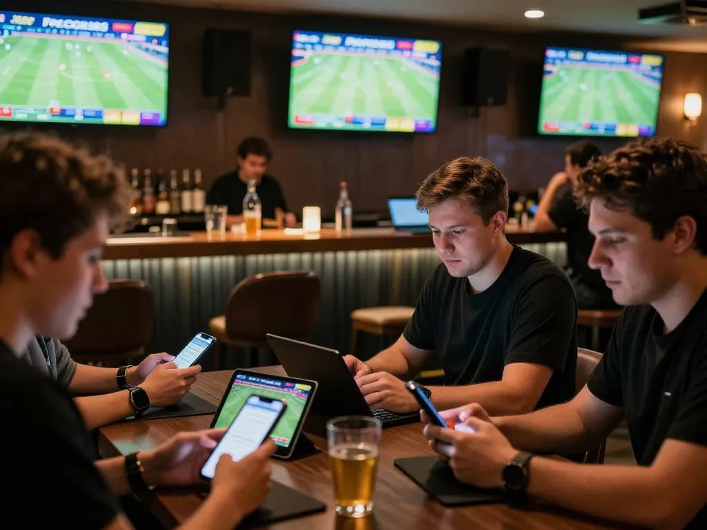 Engaged bettors analyzing odds at Freecuci365 in a vibrant sports betting lounge.