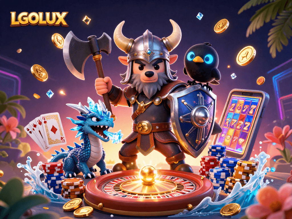 Win big with LGOLUX as the Viking warrior and dragon team up in a vibrant casino scene!