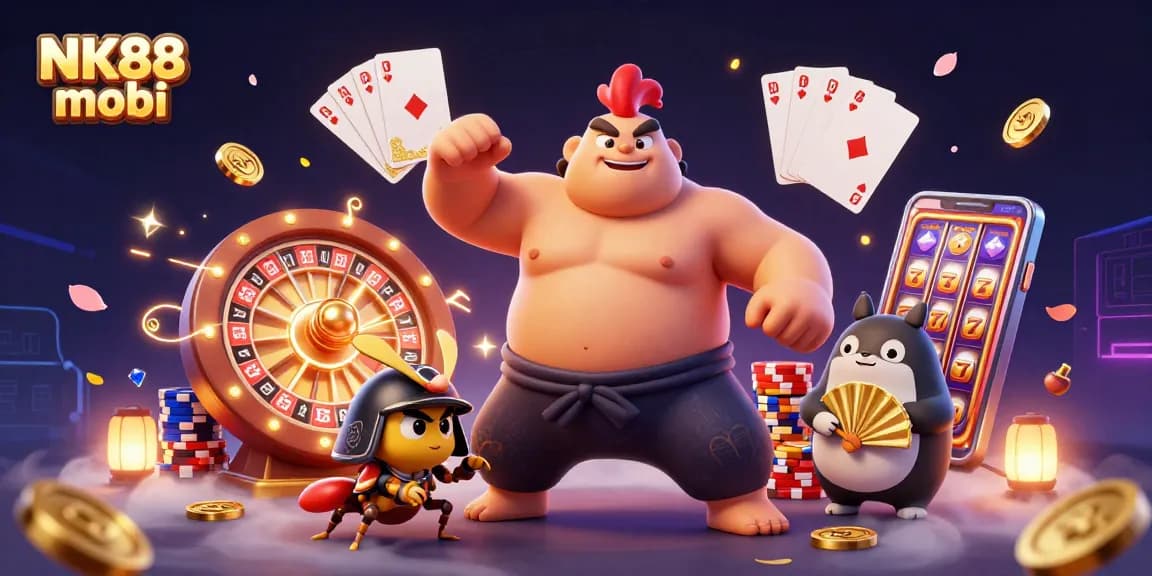 Experience thrilling action at NK88 mobi with colorful casino elements and engaging characters in a dynamic setting.