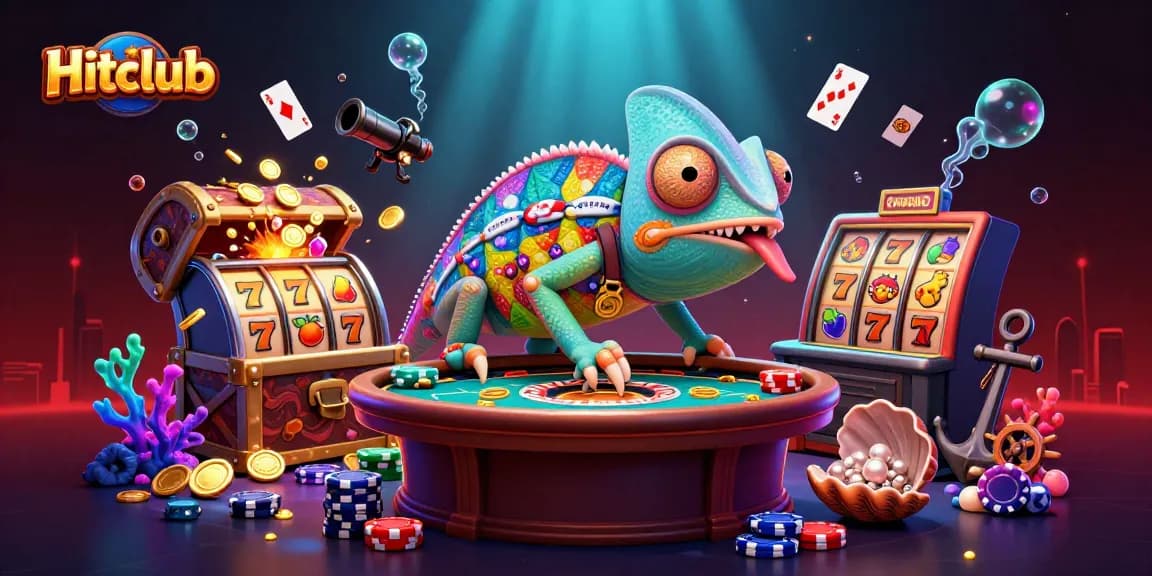 Engage with Hitclub's vibrant casino adventure featuring a colorful chameleon owner surrounded by treasures.