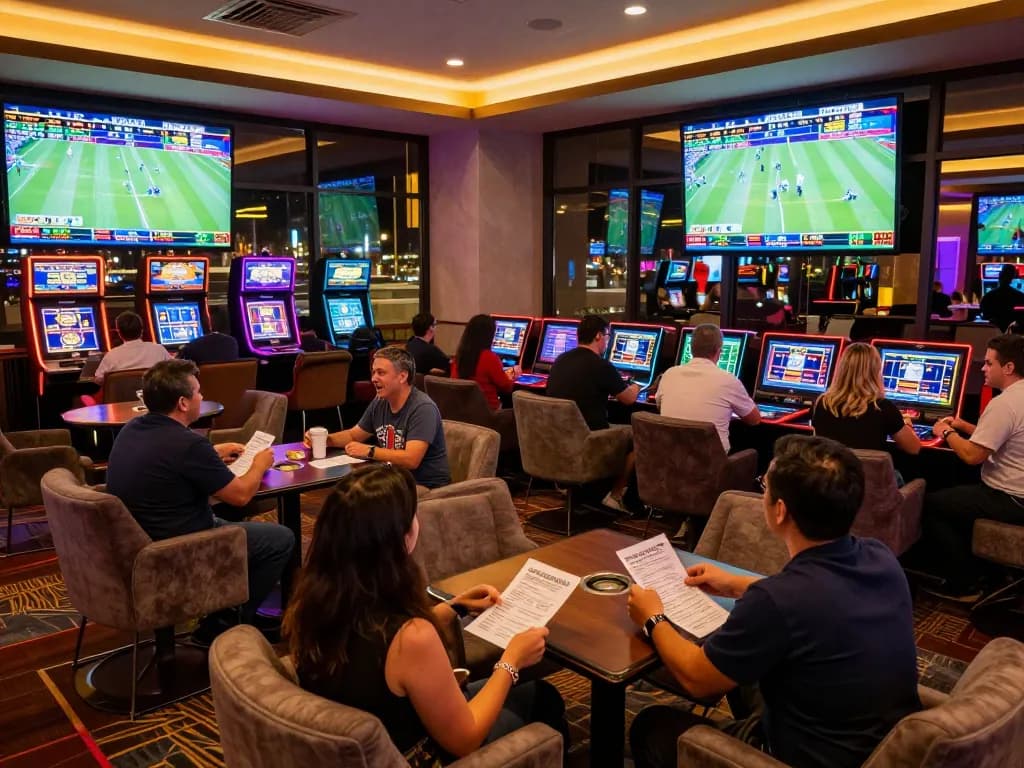 Kèo nhà cái offers an engaging sports betting experience with live match displays and eager patrons placing bets.