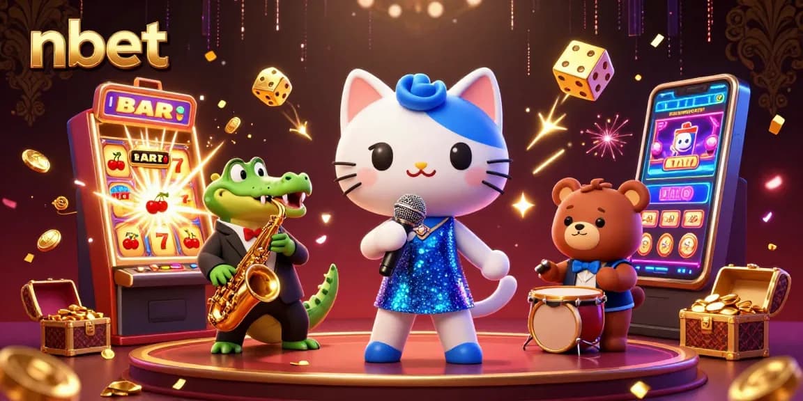 Experience nbet's vibrant casino atmosphere with a jazz-singer cat and friends surrounded by jackpot symbols.