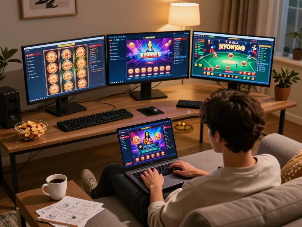 Nyonya9 gaming session on a laptop at cozy home interior with warm lighting and strategy notes.