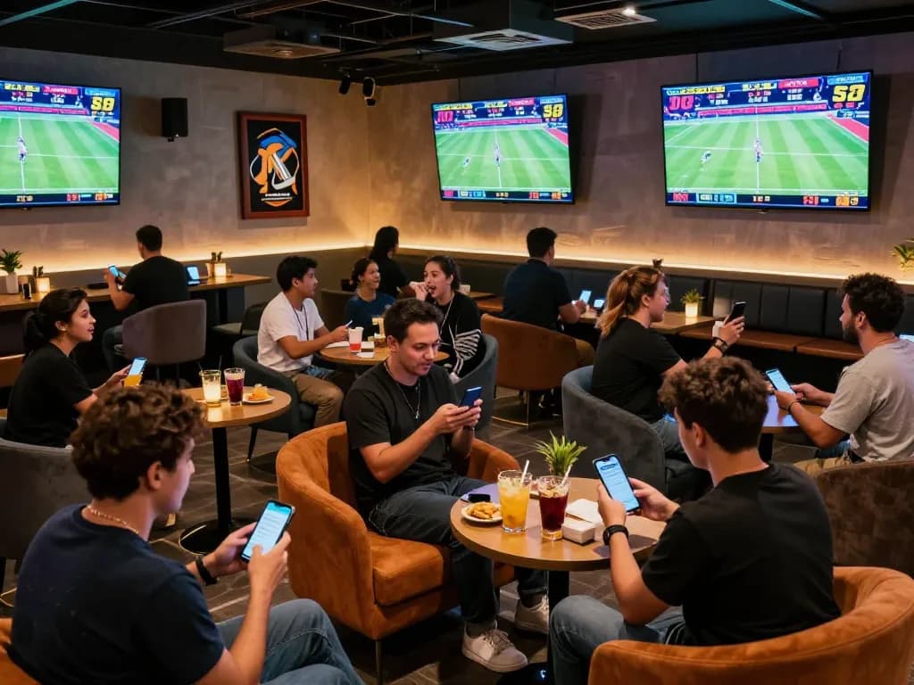 Bongdalu Pro sports betting lounge atmosphere with enthusiastic fans monitoring live sports and odds.