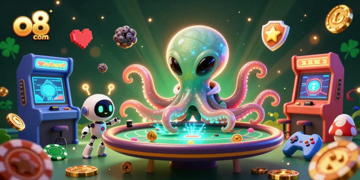 Engage in vibrant gaming adventures with o8 com’s dynamic alien octopus and colorful arcade machines.
