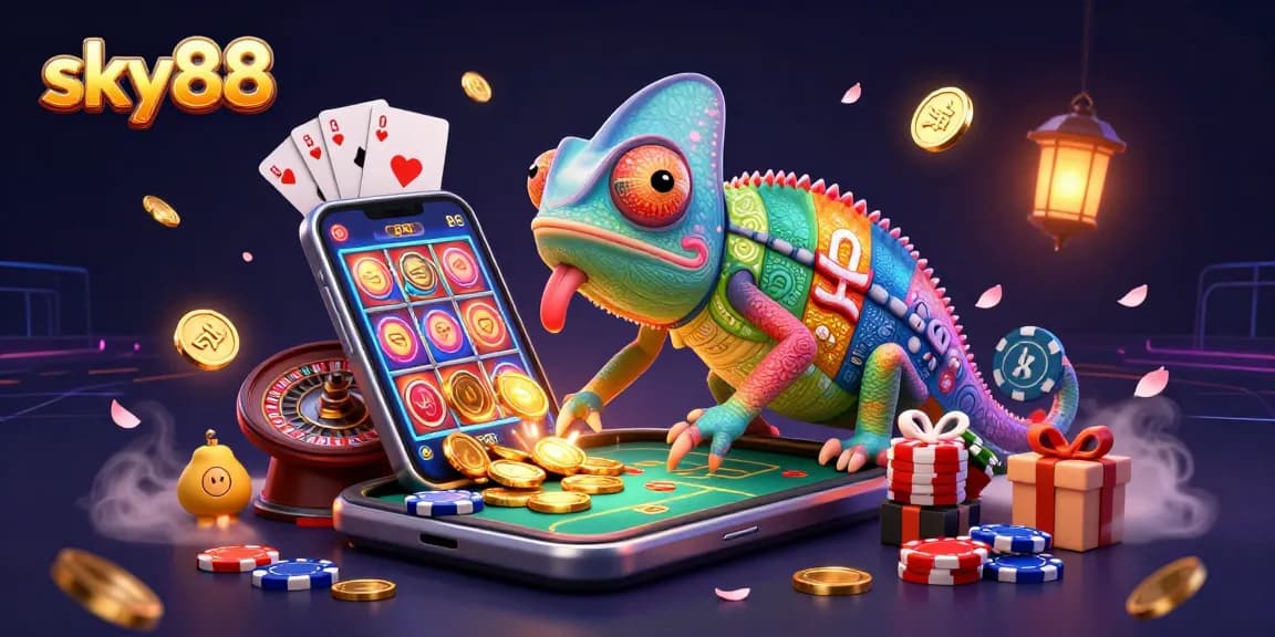 Engage with sky88's vibrant casino world featuring a chameleon owner and dynamic gambling elements.