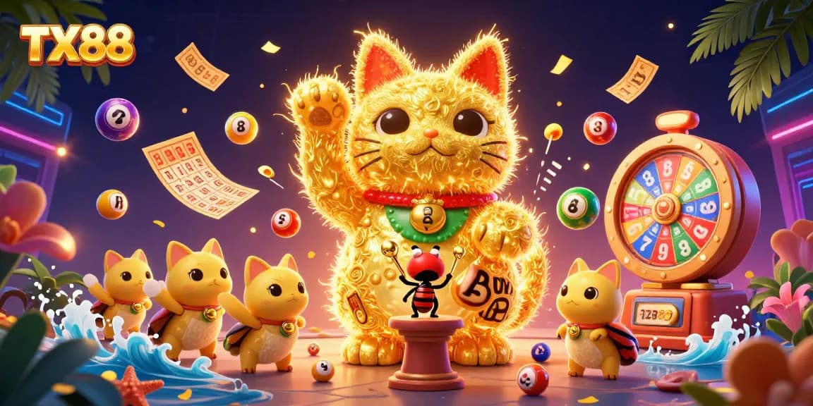 Engage with TX88's giant lucky cat surrounded by vibrant lottery elements and dynamic animations.
