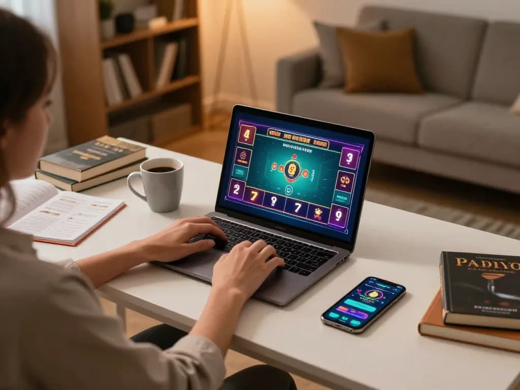Engaging in online casino games with Surebetsg on a laptop in a cozy home setup