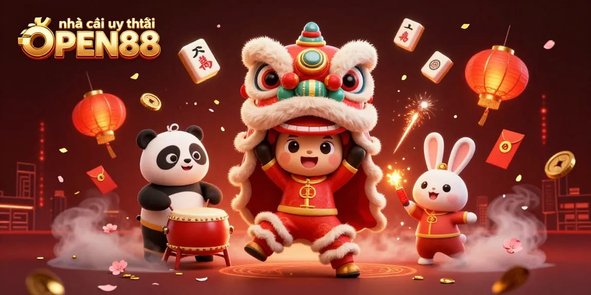 Experience the excitement of nhà cái uy tín OPEN88 with vibrant 3D symbols and characters celebrating in style.