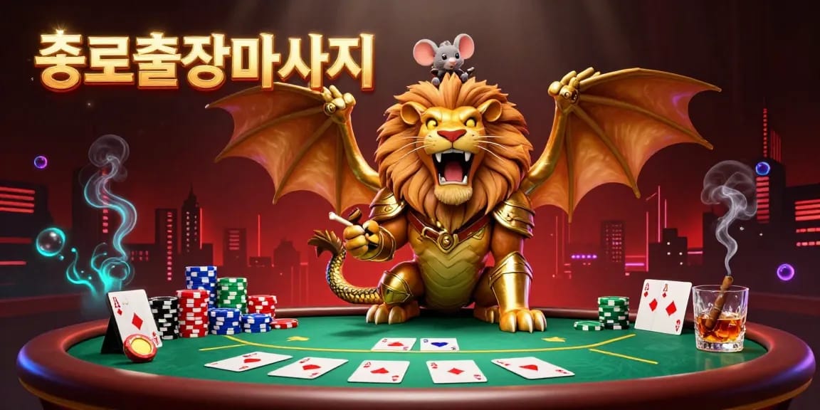 Experience an energetic poker scene with 종로출장마사지, featuring a roaring chimera and vibrant cards in action.