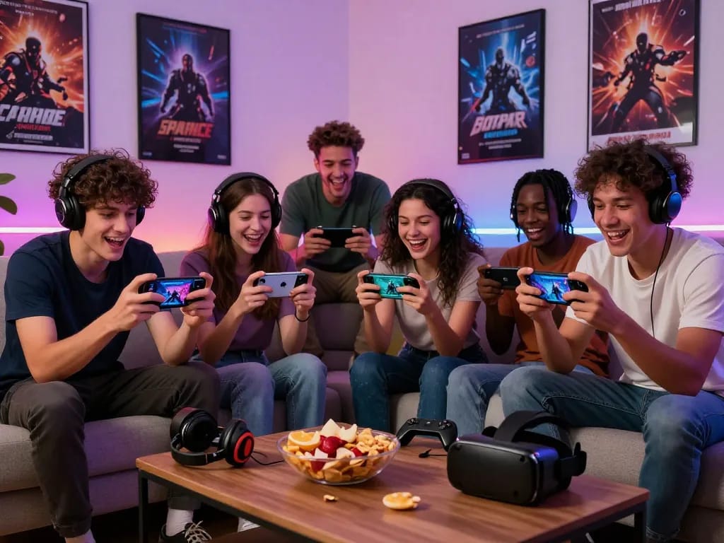 Friends enjoying a mobile porn game together in a vibrant living room filled with gaming decor.